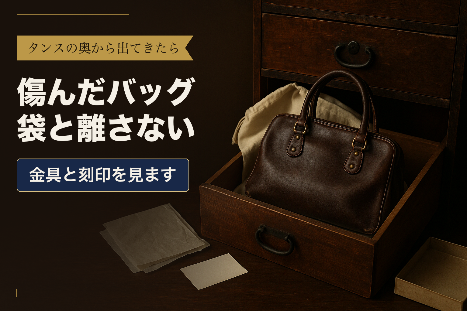 和箪笥の引き出しから出した布の保存袋と、金具のくもった革のハンドバッグ、薄紙とカード