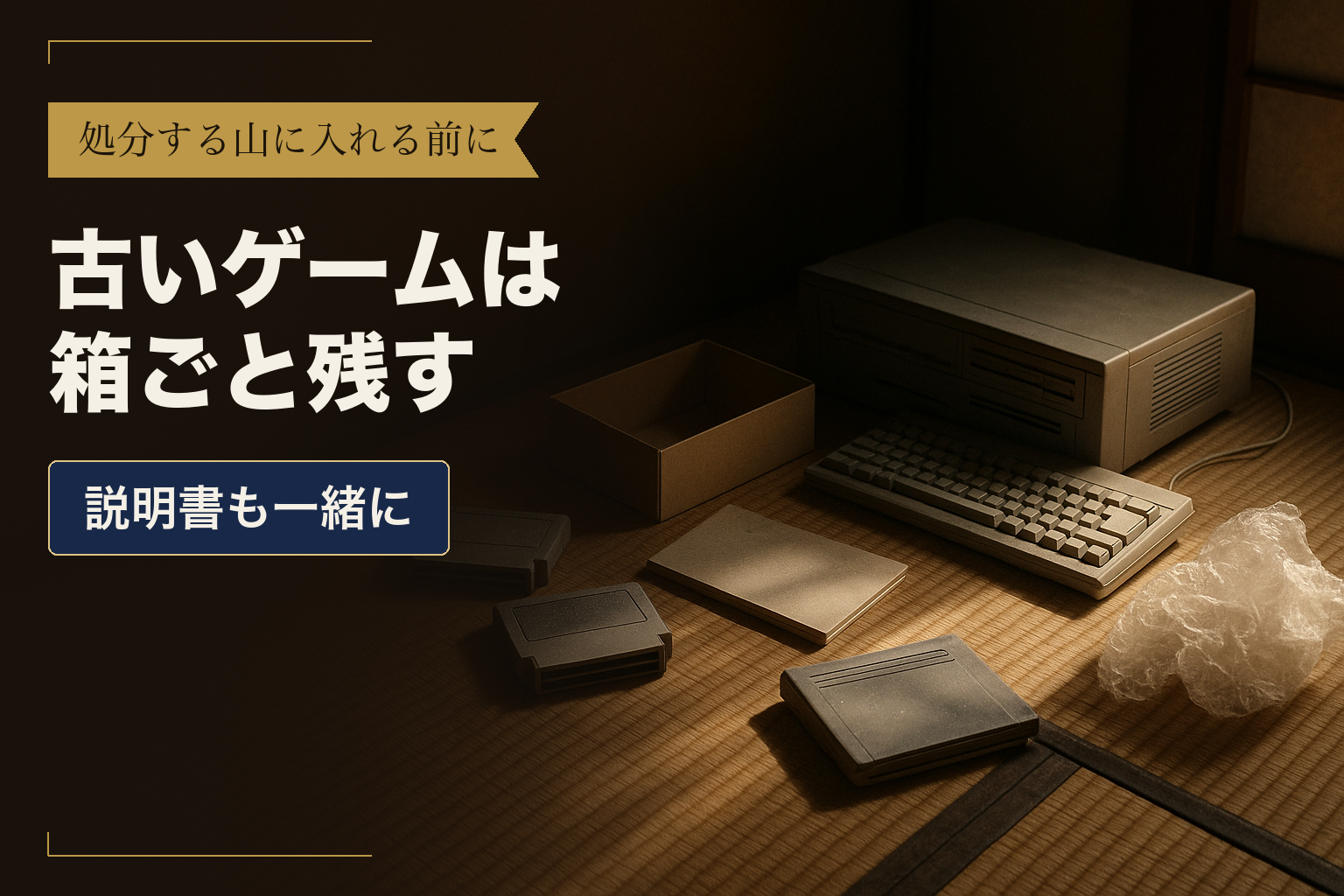 和室の畳に置かれた古いゲームのカセットと紙箱、説明書、灰色の古いパソコンとキーボード
