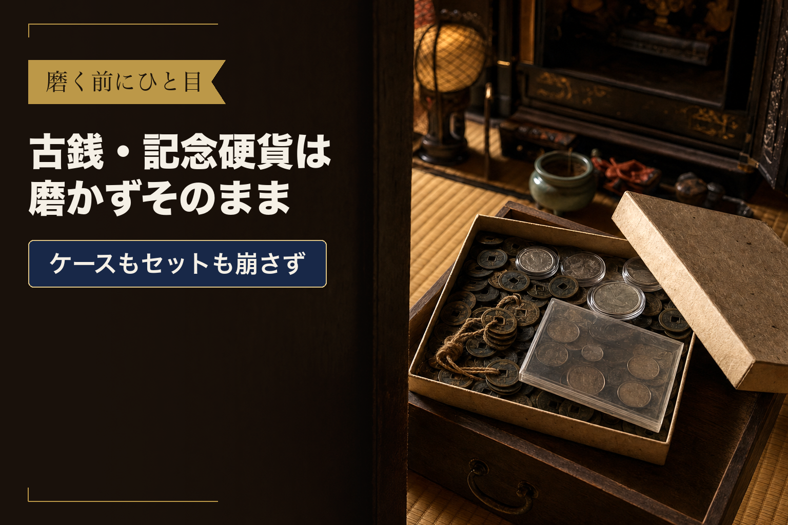 仏間の引き出しの上に置いた菓子箱に、黒ずんだ穴あき銭とケースに入った記念硬貨、貨幣セットが入っている様子