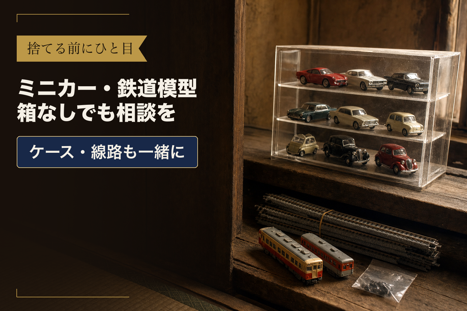 物置の棚に置いた透明ケースのミニカーと、輪ゴムでくくった線路の束、箱から出した鉄道模型の車両と小さな部品の袋
