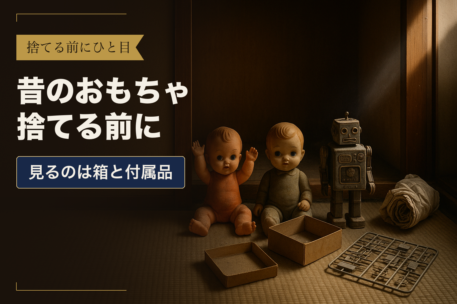 押し入れの畳に並んだ昭和のソフビ人形と金属製のロボット玩具、開いた紙箱とプラモデルの部品