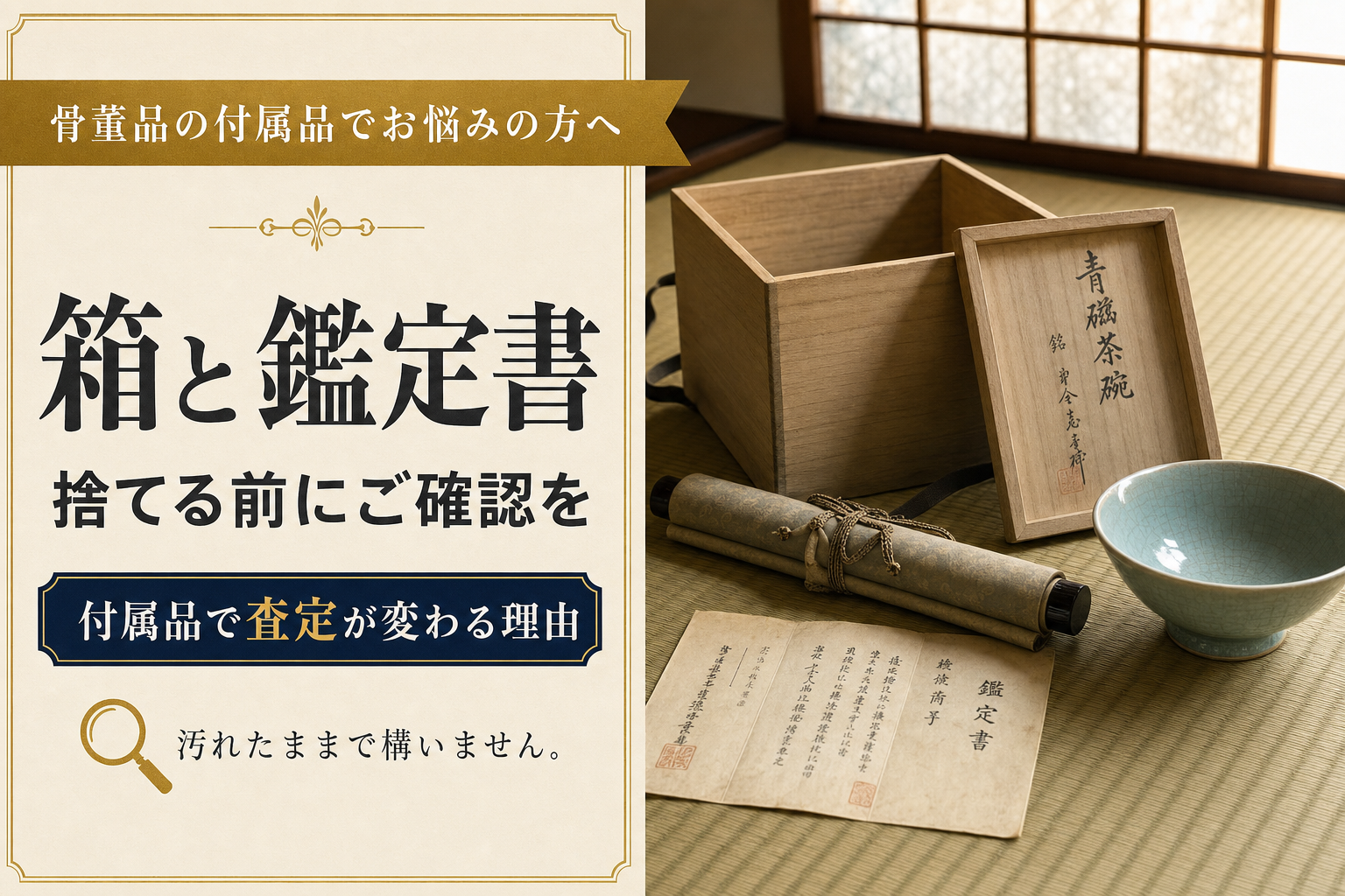桐の共箱と箱書き、掛け軸、鑑定書、青磁の茶碗