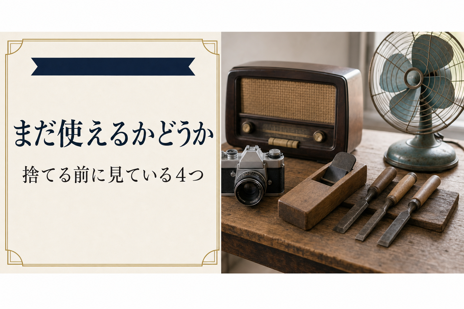 古いカメラ・真空管ラジオ・大工道具・レトロな扇風機を木のテーブルに並べた写真