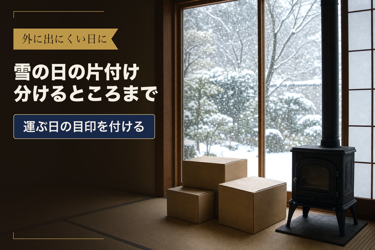 外に出にくい日に　雪の日の片付け　分けるところまで　運ぶ日の目印を付ける