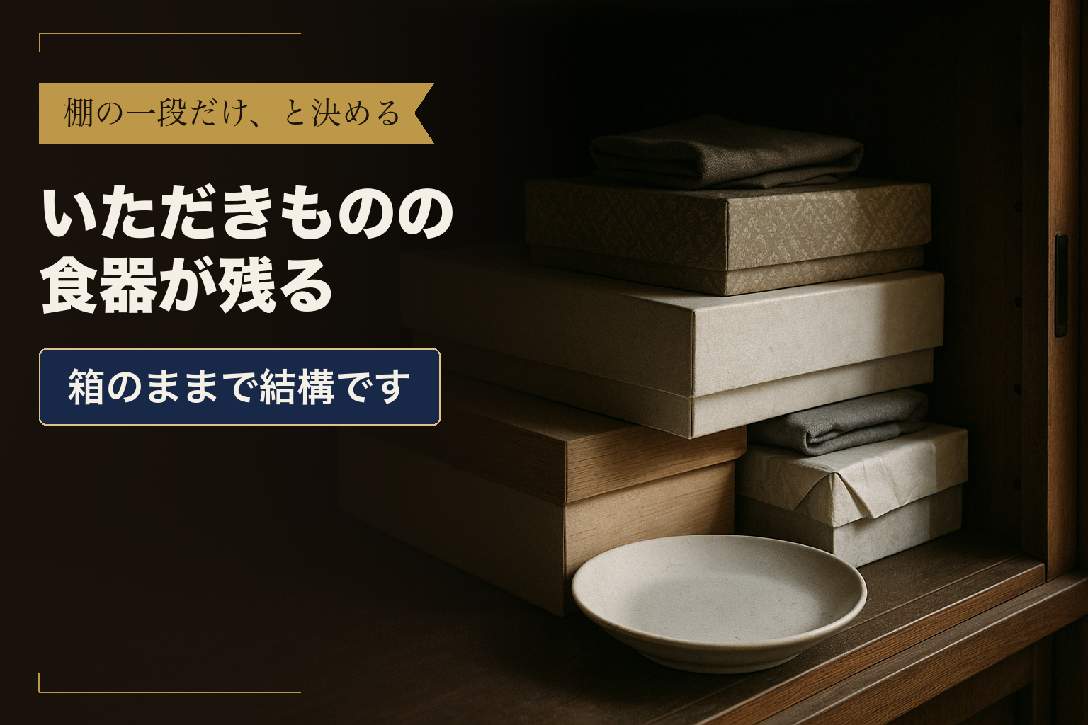 食器棚の上段に積まれた箱入りの贈答品と、手前に出した白い皿